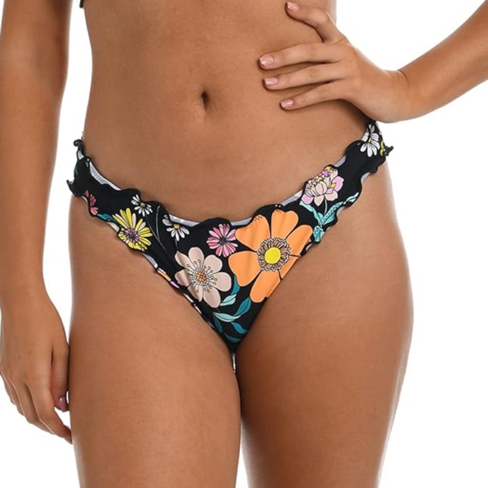 HOBIE black floral women’s cheeky ruffled trim bikini bottoms style HS2YB97 NWT